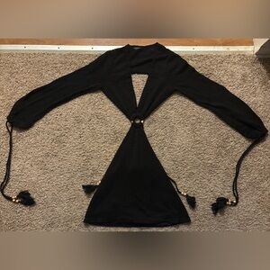 High neck bodycon knit dress Cut Out Stomach Beaded Strings Off Sleeves/Back